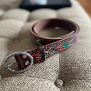 Lucky Brand Embroidered Design Leather Belt, Large